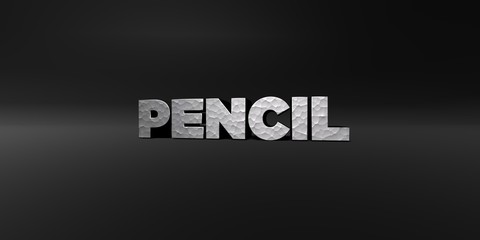 PENCIL - hammered metal finish text on black studio - 3D rendered royalty free stock photo. This image can be used for an online website banner ad or a print postcard.