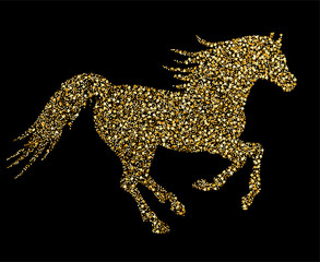 Vector beautiful running horse silhouette golden glitter particl