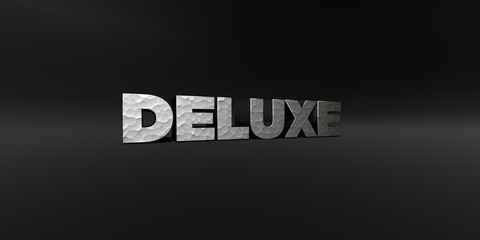 DELUXE - hammered metal finish text on black studio - 3D rendered royalty free stock photo. This image can be used for an online website banner ad or a print postcard.