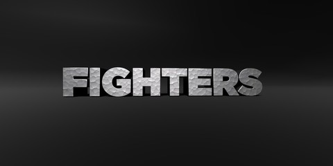 FIGHTERS - hammered metal finish text on black studio - 3D rendered royalty free stock photo. This image can be used for an online website banner ad or a print postcard.