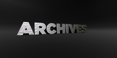 ARCHIVES - hammered metal finish text on black studio - 3D rendered royalty free stock photo. This image can be used for an online website banner ad or a print postcard.