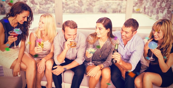 Composite image of group of friends talking and having drinks