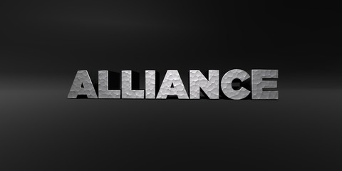ALLIANCE - hammered metal finish text on black studio - 3D rendered royalty free stock photo. This image can be used for an online website banner ad or a print postcard.