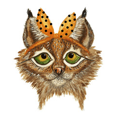 Head of beautiful lynx. illustration with head of wild cat. Hand drawn sketch. Design element useful for print for t-shirt.