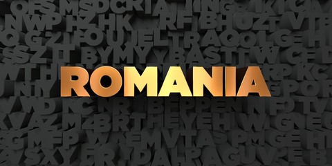 Romania - Gold text on black background - 3D rendered royalty free stock picture. This image can be used for an online website banner ad or a print postcard.