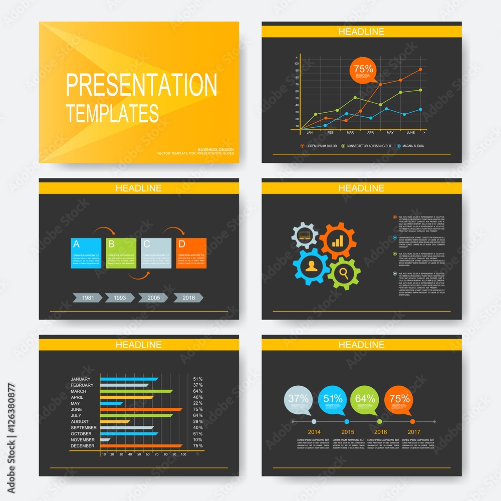 Poster Black, yellow set of vector templates for presentation slides. Modern business design with graph and charts. Easy editable presentation layout.