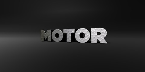 MOTOR - hammered metal finish text on black studio - 3D rendered royalty free stock photo. This image can be used for an online website banner ad or a print postcard.