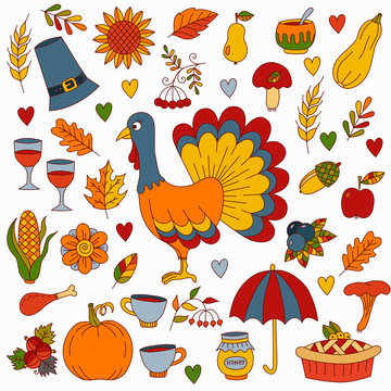 Thanksgiving day colorful cute doodles collection with turkey umbrella pumpkin pilgrim hat honey corn and other holiday symbols