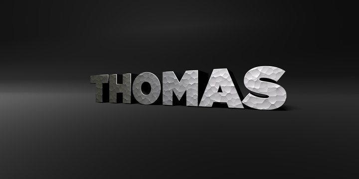 THOMAS - hammered metal finish text on black studio - 3D rendered royalty free stock photo. This image can be used for an online website banner ad or a print postcard.