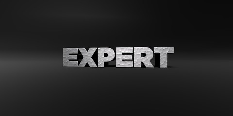 EXPERT - hammered metal finish text on black studio - 3D rendered royalty free stock photo. This image can be used for an online website banner ad or a print postcard.