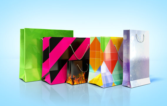 coloder paper bags 3d illustration on blue background