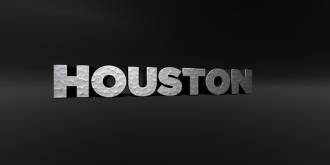 HOUSTON - hammered metal finish text on black studio - 3D rendered royalty free stock photo. This image can be used for an online website banner ad or a print postcard.