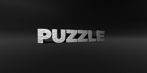 PUZZLE - hammered metal finish text on black studio - 3D rendered royalty free stock photo. This image can be used for an online website banner ad or a print postcard.
