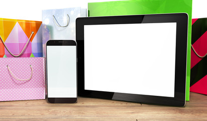 packets next to the phone and tablet on wooden flor 3d render