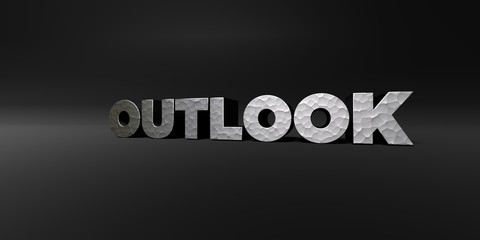 OUTLOOK - hammered metal finish text on black studio - 3D rendered royalty free stock photo. This image can be used for an online website banner ad or a print postcard.