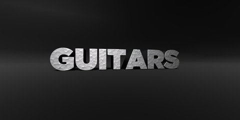 GUITARS - hammered metal finish text on black studio - 3D rendered royalty free stock photo. This image can be used for an online website banner ad or a print postcard.