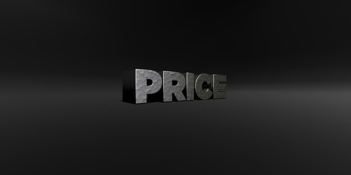 PRICE - hammered metal finish text on black studio - 3D rendered royalty free stock photo. This image can be used for an online website banner ad or a print postcard.