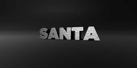 SANTA - hammered metal finish text on black studio - 3D rendered royalty free stock photo. This image can be used for an online website banner ad or a print postcard.