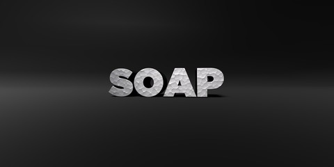 SOAP - hammered metal finish text on black studio - 3D rendered royalty free stock photo. This image can be used for an online website banner ad or a print postcard.