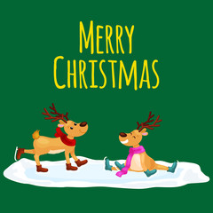 Christmas reindeer with horns and scarf skates on ice fun and happily spending time on the eve of New Year holiday, winter christmas animal deer vector illustration