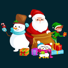 Santa Claus sack full of gifts, snowman candy, decoration ribbons, penguins with presents and elf Vector illustration Merry Christmas and Happy New Year
