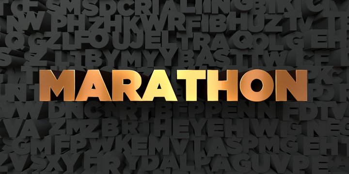 Marathon - Gold text on black background - 3D rendered royalty free stock picture. This image can be used for an online website banner ad or a print postcard.