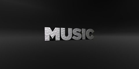 MUSIC - hammered metal finish text on black studio - 3D rendered royalty free stock photo. This image can be used for an online website banner ad or a print postcard.