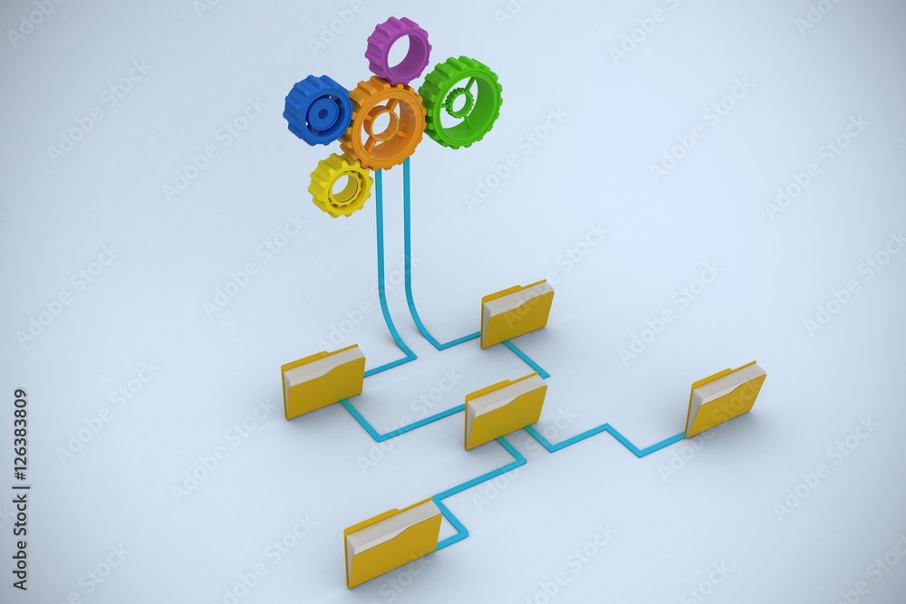 Poster composite image of yellow folders connected with gears