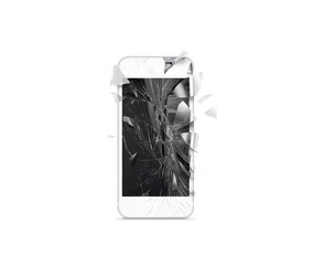 Broken mobile cell phone screen, scattered shards, isolated. Smartphone monitor damage mock up. Cellphone crash and scratch. Telephone display glass hit. Device destroy problem. Smash gadget, repair.