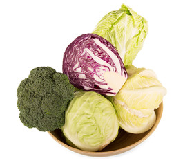 Various types cabbage in bowl isolated on white background.