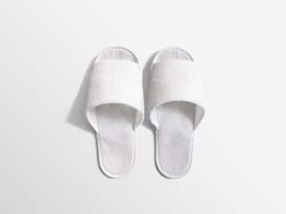 Pair of blank white home slippers, design mockup. House plain flops mock up template top view. Clear domestic sandal. Bed shoes accessory footwear. - obrazy, fototapety, plakaty