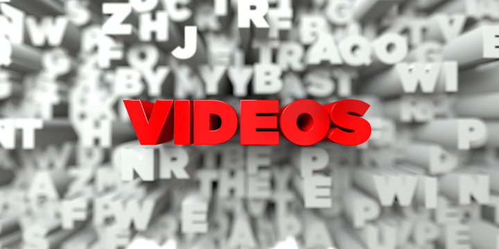 VIDEOS -  Red text on typography background - 3D rendered royalty free stock image. This image can be used for an online website banner ad or a print postcard.