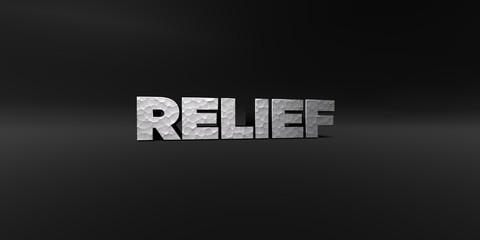 RELIEF - hammered metal finish text on black studio - 3D rendered royalty free stock photo. This image can be used for an online website banner ad or a print postcard.