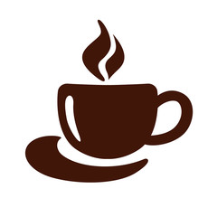 Stylized image of a cup of coffee with steam and saucer. Sign. Template of logotype. Coffee logo. Icon. Vector illustration.