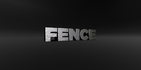 FENCE - hammered metal finish text on black studio - 3D rendered royalty free stock photo. This image can be used for an online website banner ad or a print postcard.