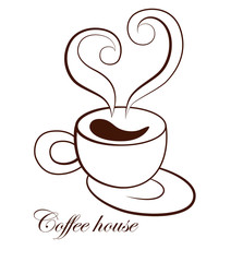 Stylized image of a cup of coffee with saucer and steam in the form of heart shape. Sign. Template of logotype. Coffee logo. Icon. Vector illustration.