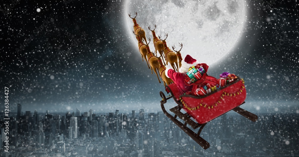 Poster Composite image of high angle view of santa claus riding on sled