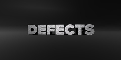 DEFECTS - hammered metal finish text on black studio - 3D rendered royalty free stock photo. This image can be used for an online website banner ad or a print postcard.