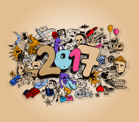 Happy new year 2017 Doodle design elements for holiday cards, for decorations Vector Illustration background