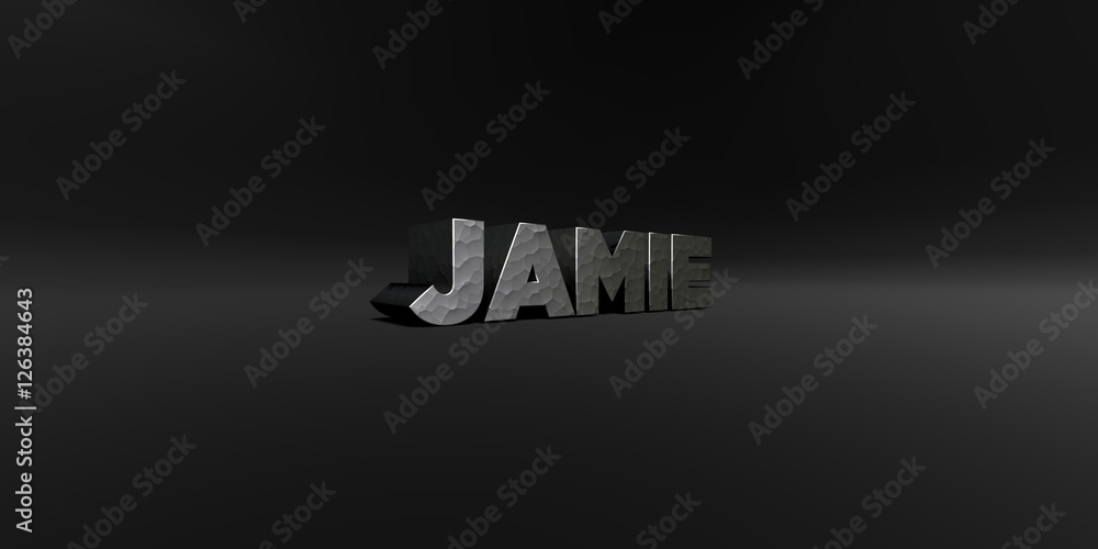 Fototapete jamie - hammered metal finish text on black studio - 3d rendered royalty free stock photo. this imag
