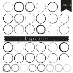 Vintage, hipster handdrawn logo elements with hand drawn circles. Design your own vintage logo. Retro logotype templates. Logo design isolated on background and easy to use. 