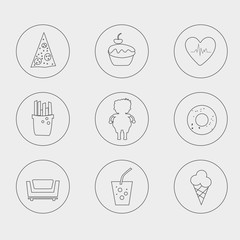 Obesity icons set. Concept of obesity and sedentary lifestyle. Black clean icons set