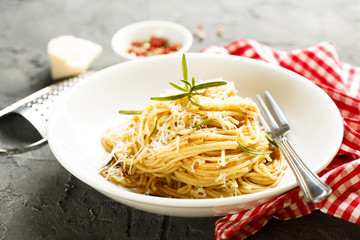 Pasta with tomato sauce and fresh rosemary