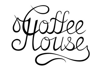 Graphic lettering Coffee house. Calligraphic inscription isolated on white background. Template of banner, poster, sign, print or logotype. Cafe logo. Vector illustration