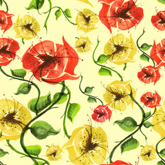 Watercolor seamless pattern with floral pattern. It consists of drawings of plants, buds, stems and leaves. Mostly red, yellow and yellow .