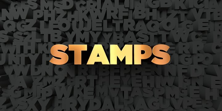 Stamps - Gold text on black background - 3D rendered royalty free stock picture. This image can be used for an online website banner ad or a print postcard.