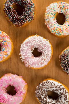 Close-up of tasty doughnuts with sprinkles