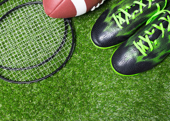 Various sport tools on grass