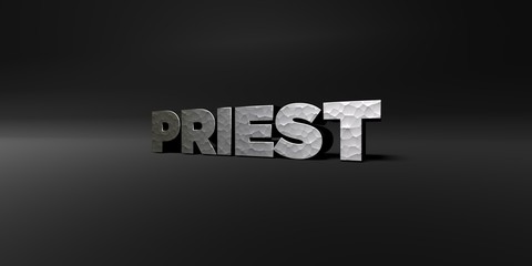 PRIEST - hammered metal finish text on black studio - 3D rendered royalty free stock photo. This image can be used for an online website banner ad or a print postcard.