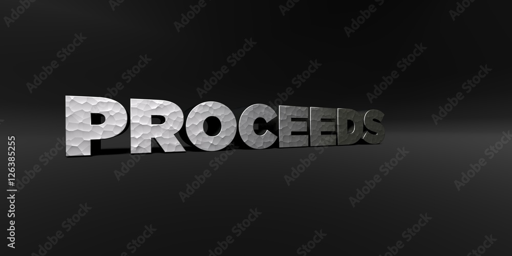 Fototapete proceeds - hammered metal finish text on black studio - 3d rendered royalty free stock photo. this i